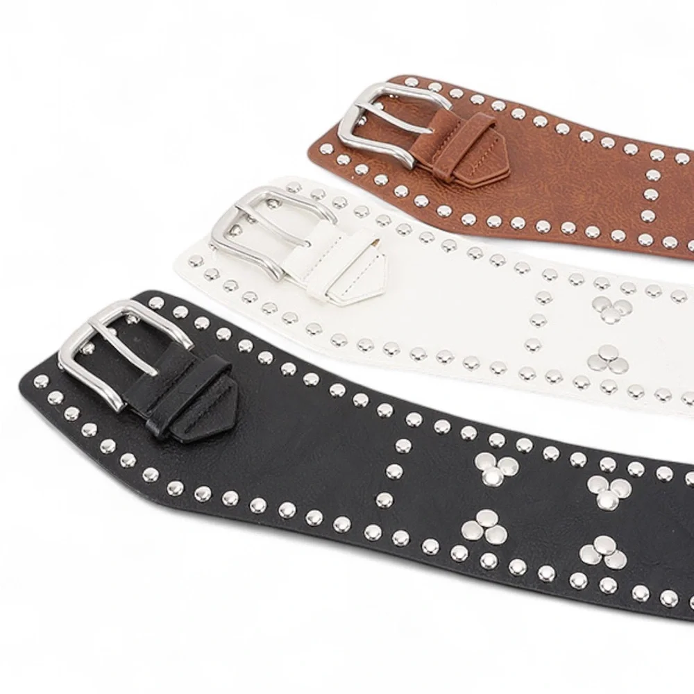 Vegan Leather Studded Statement Belt - Black, Brown, White